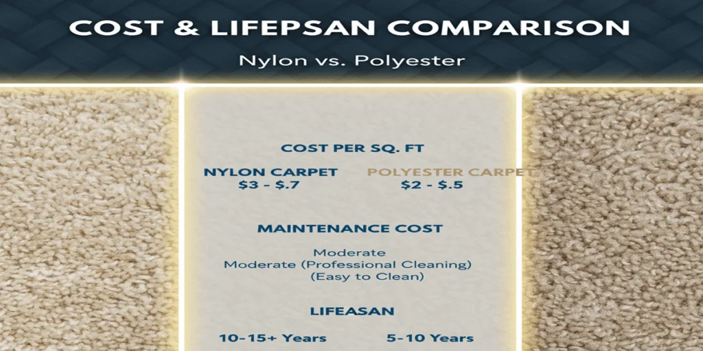 Cost per square foot, maintenance cost, and carpet lifespan