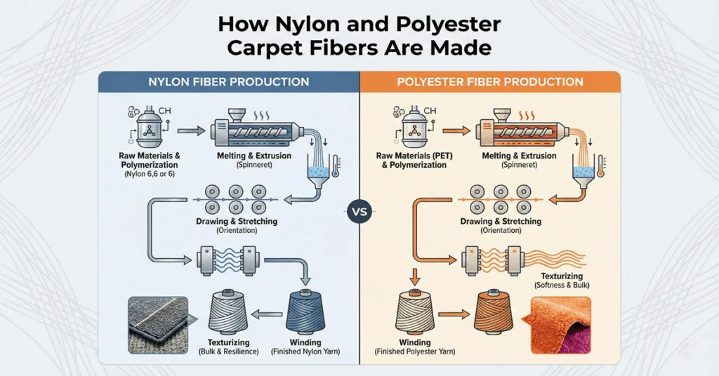 How nylon and polyester carpet fibers are made