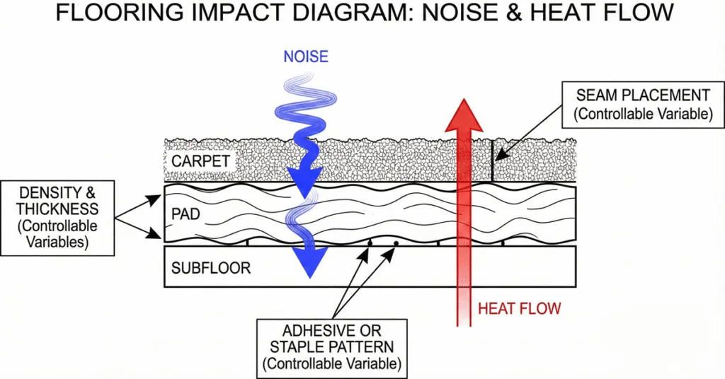 8 Lb vs 10 Lb Carpet Pad Comparison Guide 2026 4 flooring Impact Diagram - noise and heat flow