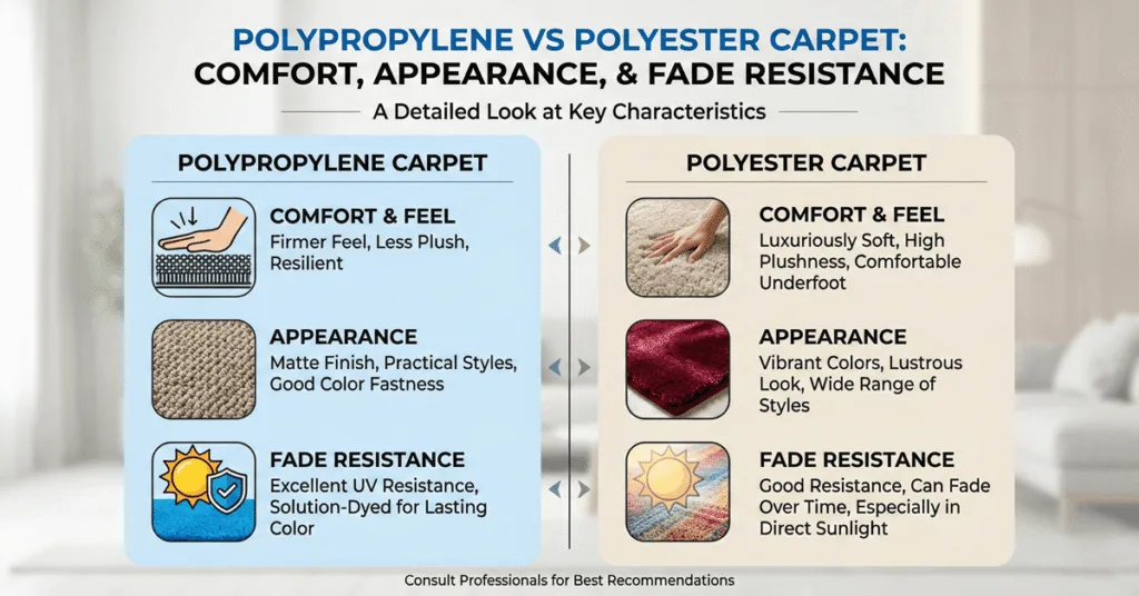 Polypropylene vs Polyester Carpet: Olefin vs PET Guide 4 Comfort and feel, appearance, and fade resistance