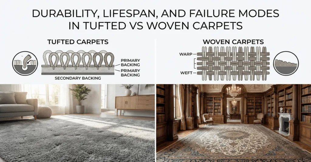 Tufted Carpet vs Woven Carpet: Construction & Durability 3 Durability, Lifespan, and Failure Modes in Tufted vs Woven Carpets
