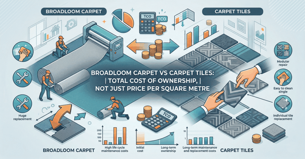 Broadloom Carpet vs Carpet Tiles: Cost, Install & Care 3 Broadloom Carpet vs Carpet Tiles Total Cost of Ownership, Not Just Price Per Square Metre