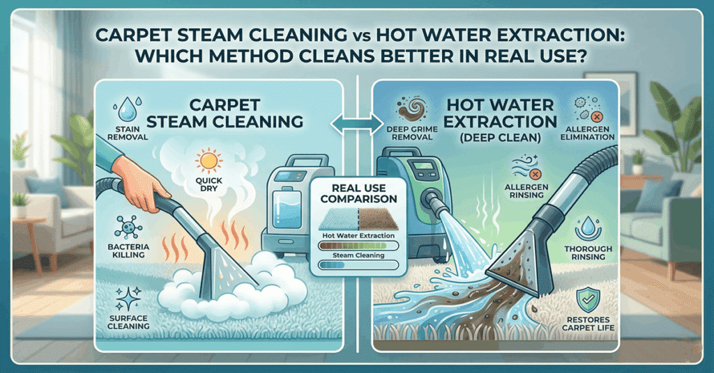 Carpet Steam Cleaning vs Hot Water Extraction: Pros & Cons 3 Carpet steam cleaning vs hot water extraction which method cleans better in real use